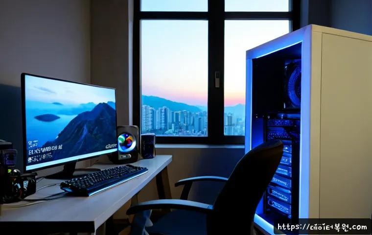 북가좌동 VIDEO_DRIVER_INIT_FAILURE - Photorealistic compact North Gajwa-dong apartment home office at dawn, desktop monitor glowing solid...