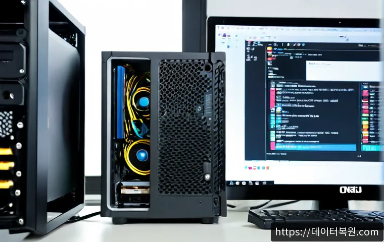 온수동 STATUS_DISK_NOT_INITIALIZED - Photorealistic IT workstation in a compact Onsu-dong industrial office, technician connecting a new ...