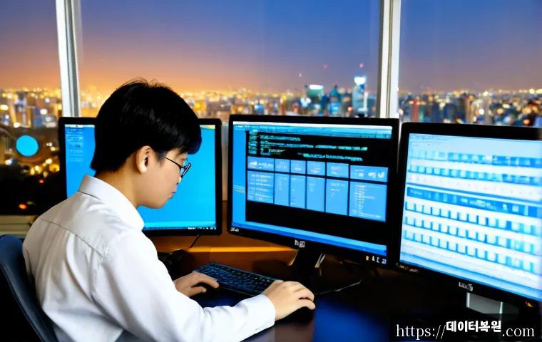 서초동 NTFS_FILE_SYSTEM - Photorealistic IT support workstation in a modern Seocho-dong office tower, dual monitors showing a ...