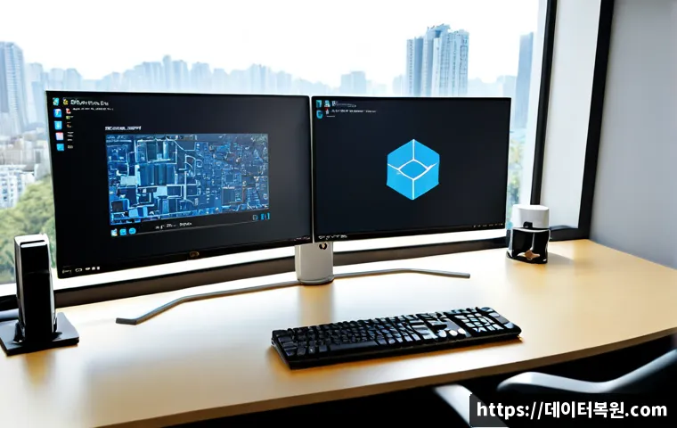 동산동 INVALID_KERNEL_HANDLE - Photorealistic IT support workstation in a compact Korean office, ultrawide monitor showing a clean ...