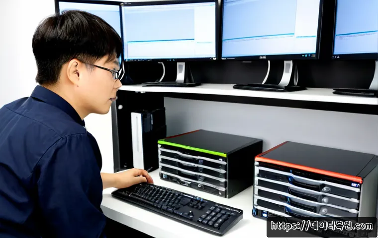 관문동 나스 nas 설정및수리 - Photorealistic IT technician configuring a compact NAS enclosure beside dual monitors displaying a c...