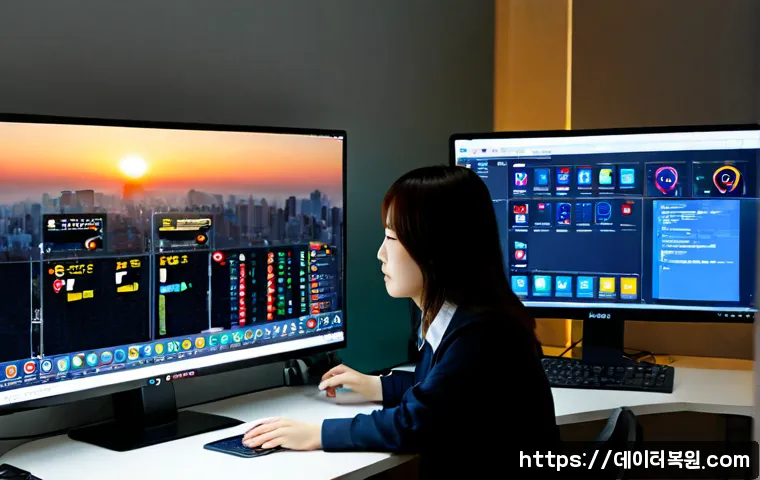 광희동 STATUS_KERNEL_REGISTRY_ERROR - Photorealistic IT support workstation in Gwanghui-dong, Seoul, dual monitors showing a generic opera...