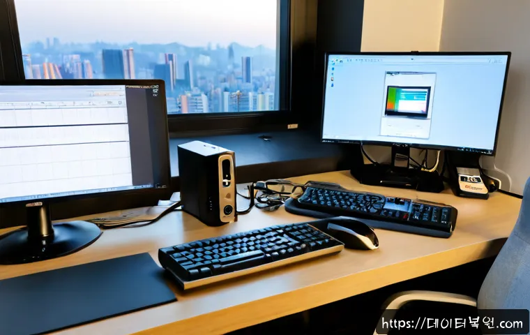 철산동 STATUS_KERNEL_UNSUPPORTED_DEVICE - Photorealistic remote-support workstation in a compact Cheolsan-dong apartment office, desktop monit...