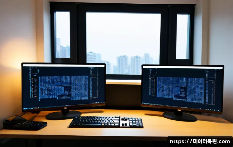 수하동 STATUS_CONTROL_C_EXIT - Photorealistic software developer workstation in a compact Saha-dong office, dual monitors displayin...