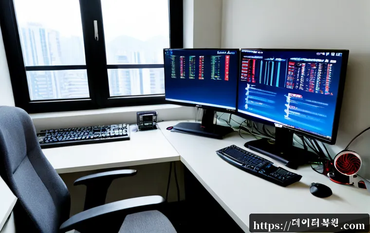 신이문동 HARDWARE_INTERRUPT_STORM - Photorealistic IT support workstation in a compact East Seoul apartment office, dual monitors showin...