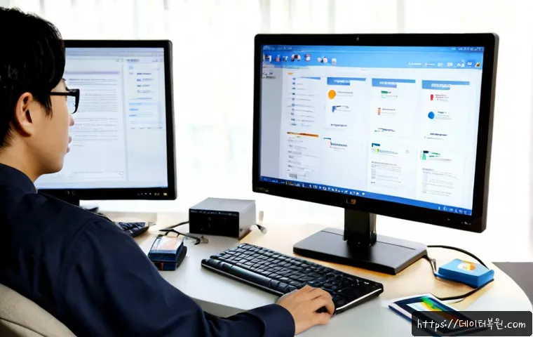 삼각산동 STATUS_FILE_NOT_FOUND - Photorealistic IT support workstation in a quiet hillside neighborhood office, dual monitors showing...