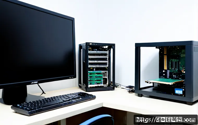 일산동 부팅불가 - Photorealistic PC repair workstation in Ilsandong, a desktop tower opened beside a dark monitor show...