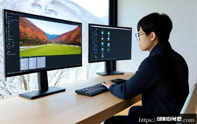 평창동 STATUS_KERNEL_THREAD_INTERRUPTED - Photorealistic premium workstation in a quiet hillside home office, dual monitors showing a paused 3...