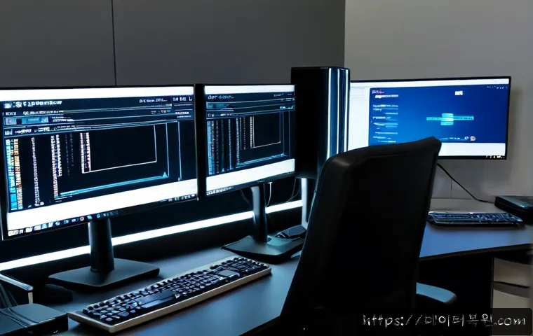 가산동 SESSION3_INITIALIZATION_FAILED - Photorealistic IT support workstation in a modern Korean digital-industrial office, dual monitors sh...