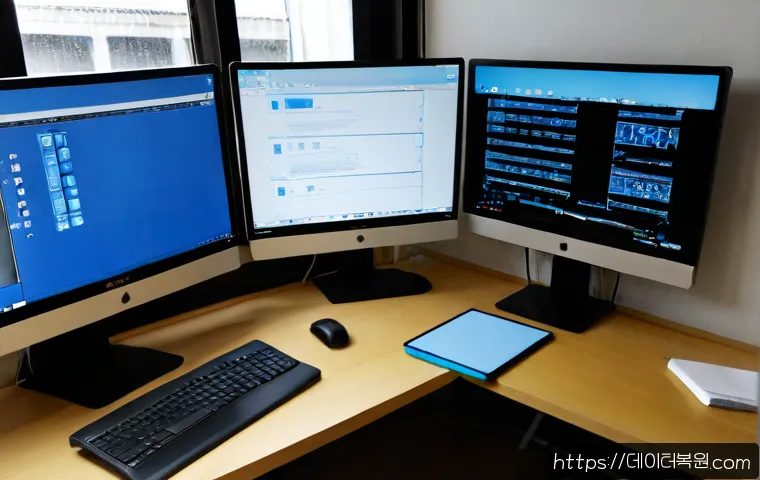통인동 pc에 문제가 발생하여 다시 시작해야 합니다 - Photorealistic architectural design workstation in Tongin-dong, Seoul, dual monitors showing a blank...