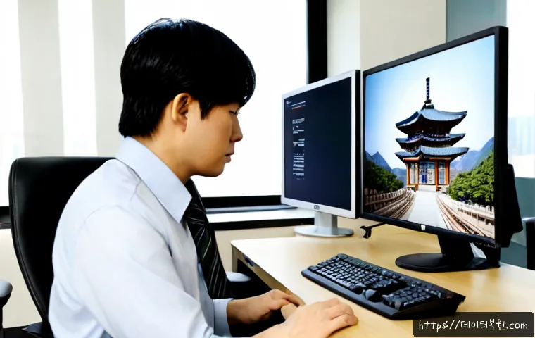 궁정동 STATUS_IMAGE_INVALID - Photorealistic IT support specialist assisting a designer at a premium workstation in a quiet Gungje...