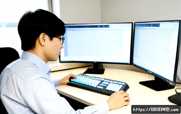 대덕동 STATUS_CONTROL_C_EXIT - Photorealistic product workstation in a Daedeok-dong research office, engineer abruptly pausing a co...