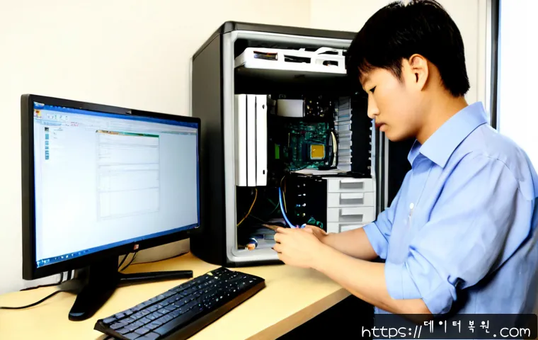북아현동 HARDWARE_FAILURE - Photorealistic IT support workstation in a compact hillside apartment office near Bukahyeon-dong, te...