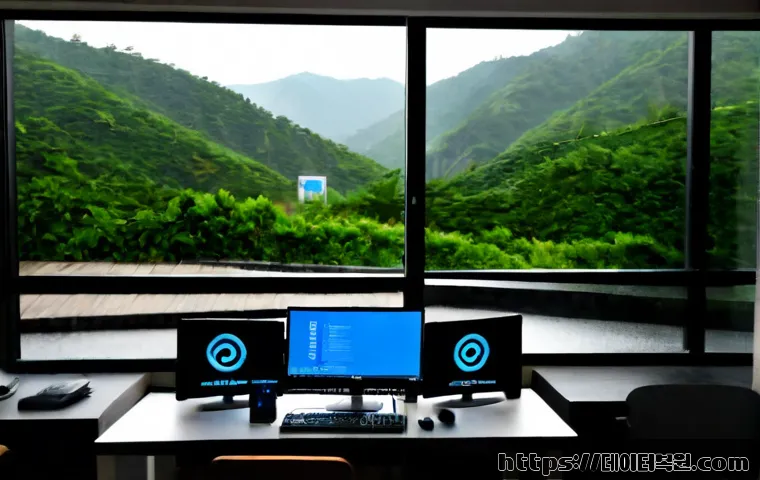 창천동 STATUS_KERNEL_REGISTRY_ERROR - Photorealistic remote-support workstation in a compact Changcheon-dong studio, dual monitors showing...