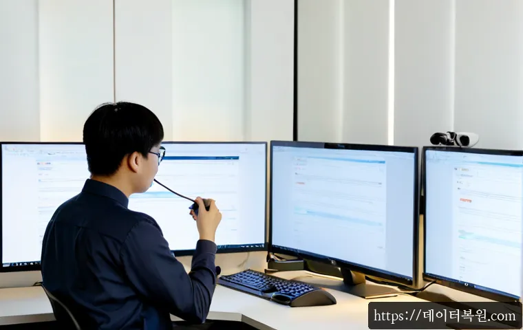 내곡동 STATUS_INSTRUCTION_FAILED - Photorealistic IT support workstation in a modern office near Naegok-dong, dual monitors showing a c...