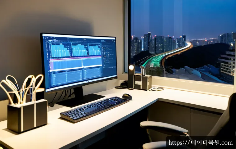 논현동 MEMORY_MANAGEMENT - Photorealistic remote-support workstation in a modern Nonhyeon-dong design office, dual monitors sho...