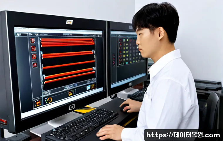 재동 STATUS_IO_ERROR - Photorealistic remote support workstation, IT technician reviewing a CAD-style mechanical assembly o...