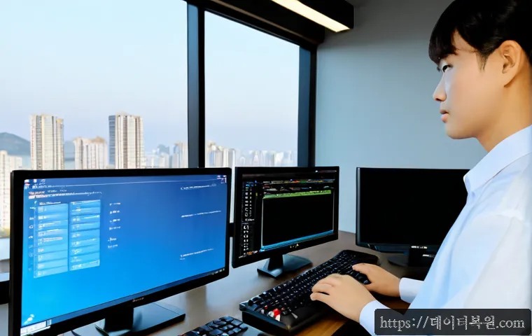 도내동 STATUS_PAGEFILE_MISSING - Photorealistic remote IT support workstation in a quiet Dodae-dong apartment office, dual monitors s...