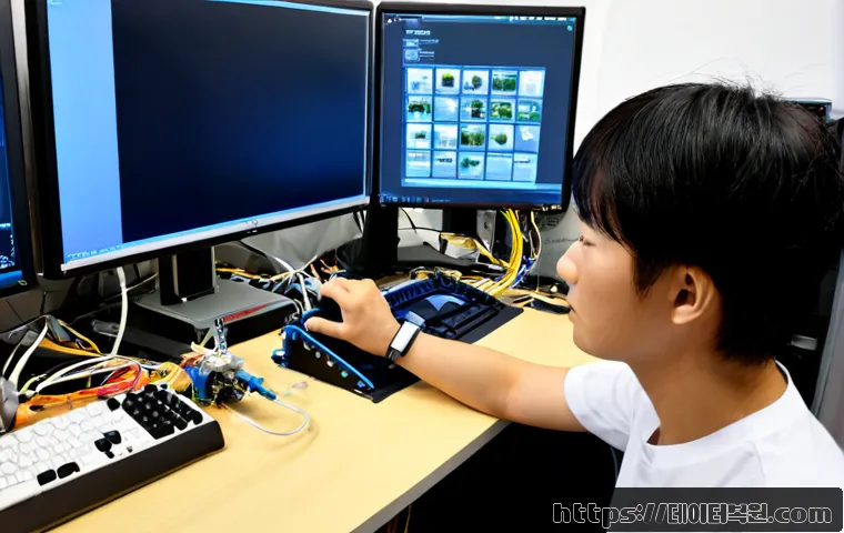 지영동 INTERNAL_POWER_ERROR - Photorealistic IT support workstation in a compact Jiyoung-dong office, desktop tower opened beside ...