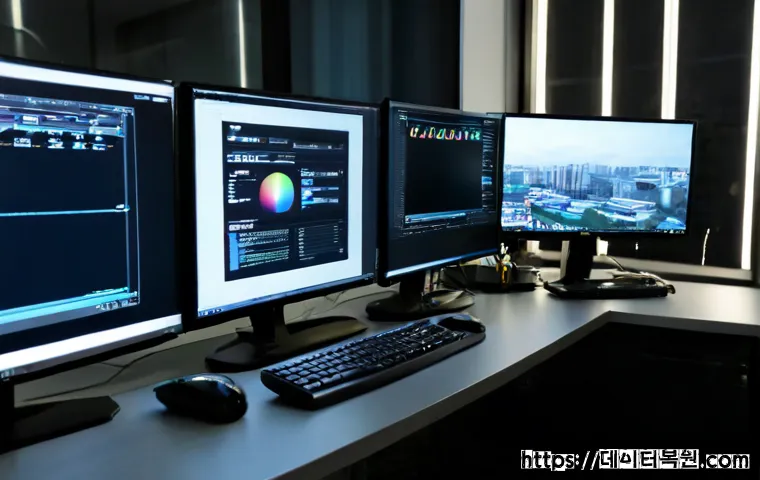 신평동 입력신호가 없습니다 - Photorealistic remote IT support workstation in a compact Sinpyeong-dong office, desktop monitor sho...