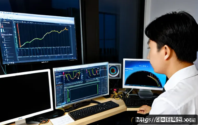 안암동 HARDWARE_INTERRUPT_STORM - Photorealistic IT support workstation in a compact Anam-dong apartment office, dual monitors showing...