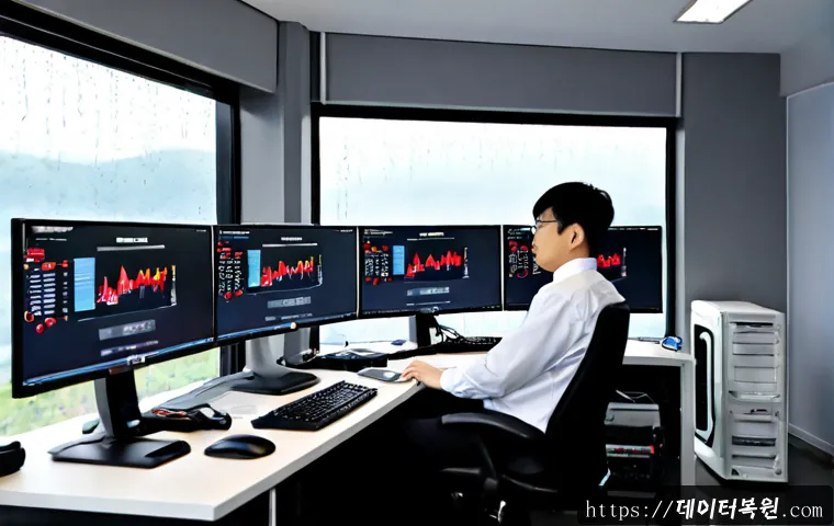 청진동 STATUS_STACK_BUFFER_OVERRUN - Photorealistic IT support workstation in a compact Jongno office, technician viewing a modern deskto...