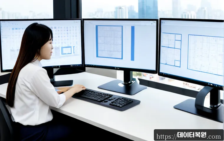 역삼동 STATUS_FILE_LOCK_CONFLICT - Photorealistic IT support workstation in a modern Yeoksam-dong office, technician reviewing layered ...