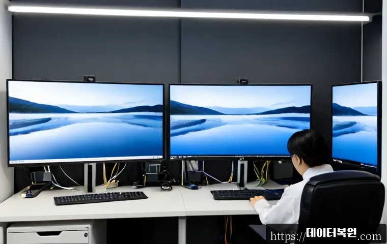 관철동 STATUS_KERNEL_RESOURCE_ERROR - Photorealistic IT support workstation in a compact Jongno office, dual monitors showing abstract sys...