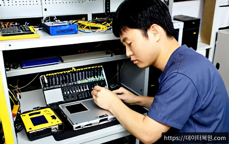 오장동 맥북에어 판매 및 수리 - Photorealistic electronics repair bench in a compact Ojang-dong computer workshop, technician carefu...
