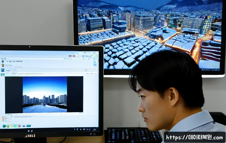 서소문동 STATUS_INVALID_IMAGE_FORMAT - Photorealistic remote-support workstation in a compact central Seoul office, IT specialist examining...