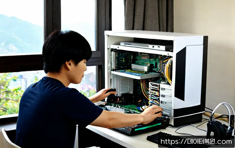부암동 윈도우7 windows7 재설치 포맷 초기화 - Photorealistic computer repair workstation in a quiet hillside Seoul neighborhood apartment, technic...