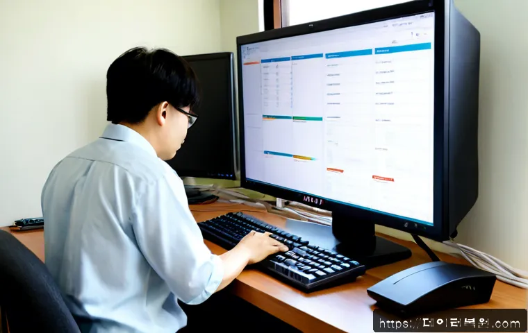창릉동 케이블연결확인 - Photorealistic IT technician verifying Ethernet and fiber cable connections behind a dual-monitor wo...