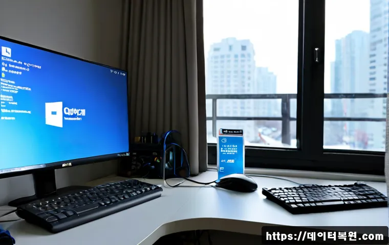 전농동 WIN32K_POWER_WATCHDOG_TIMEOUT - Photorealistic IT support workstation in a compact apartment office, dual monitors showing a frozen ...