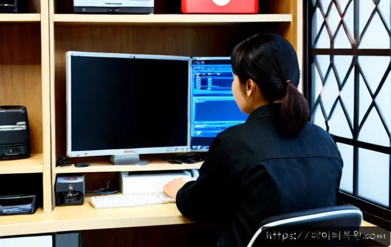 종로구 STATUS_KERNEL_DISK_ERROR - Photorealistic IT support workstation in a compact Jongno office, ultrawide monitor showing a blank ...