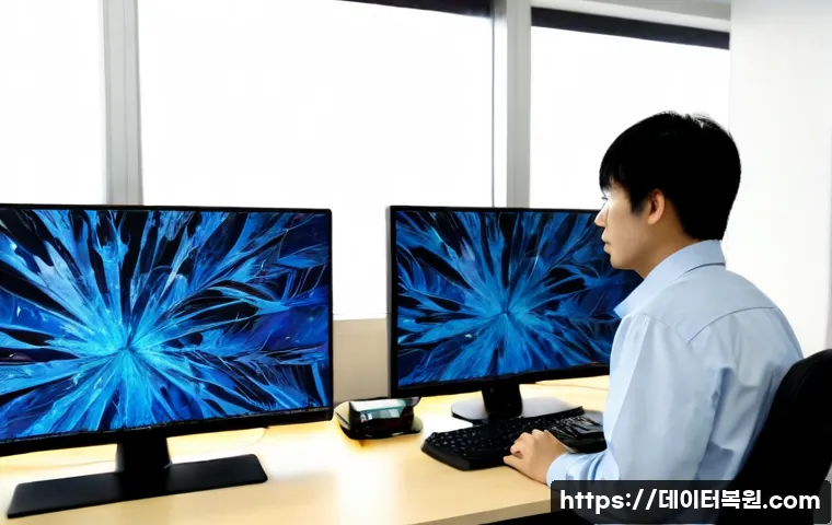 당주동 VIDEO_TDR_FAILURE - Photorealistic IT support workstation in a quiet central Seoul office, dual monitors showing a froze...
