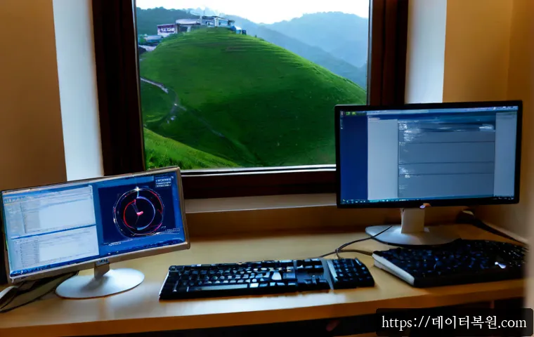 남학동 SYSTEM_LICENSE_VIOLATION - Photorealistic computer support workstation in a compact Namhak-dong apartment office, dual monitors...