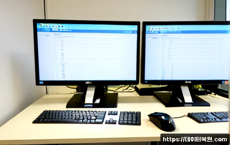 중구 STATUS_SYSTEM_FILE_MISSING - Photorealistic IT support workstation in central Seoul, dual monitors showing a minimalist file-reco...