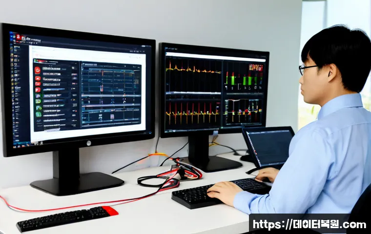 정발산동 STATUS_RESOURCE_NOT_OWNED - Photorealistic IT support workstation in a modern office near a quiet suburban Korean neighborhood, ...