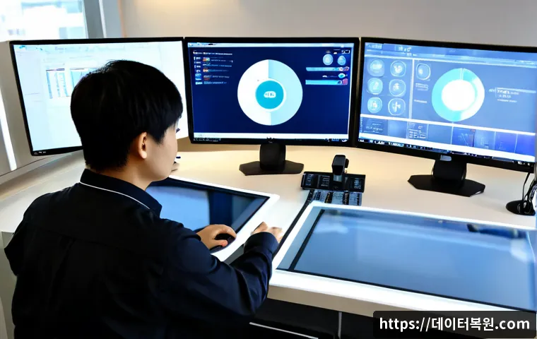 강동구 STATUS_EXECUTION_TIMEOUT - Photorealistic remote-support workstation in a modern Gangdong office, engineer facing dual monitors...