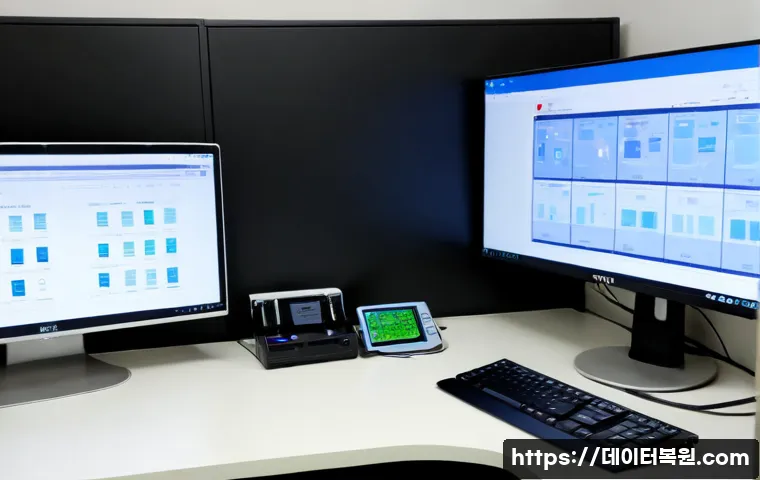 약수동 STATUS_KERNEL_RESOURCE_ERROR - Photorealistic IT support workstation in a compact Yaksu-dong apartment office, dual monitors showin...