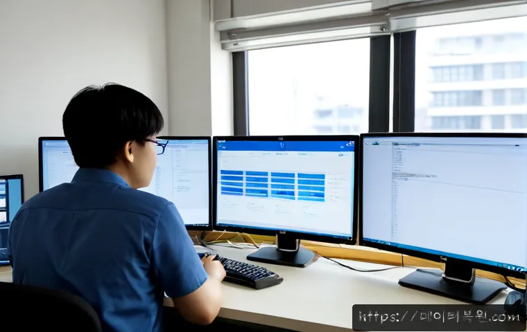 방화동 SESSION5_INITIALIZATION_FAILED - Photorealistic IT support workstation in a compact Banghwa-dong office, dual monitors showing a blan...