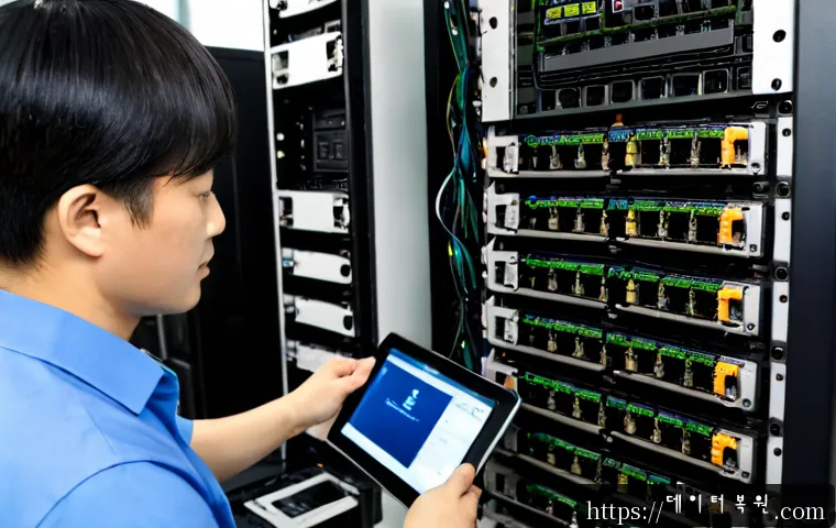 무악동 서버출장방문수리점 - Photorealistic on-site server repair inside a compact Muak-dong office, technician carefully replaci...