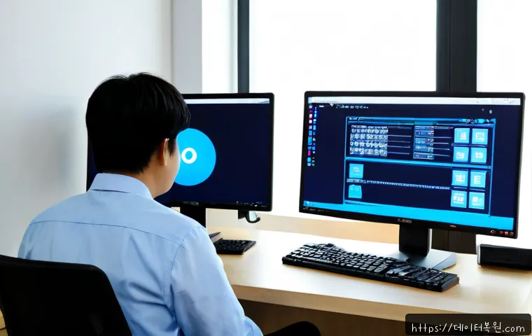 송파동 STATUS_KERNEL_BOOT_FAILURE - Photorealistic IT support workstation in a modern Songpa-dong office, dual monitors showing a blank ...