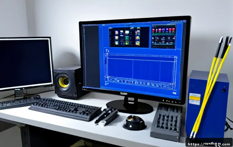 문래동 블루스크린 - Photorealistic IT support workstation in a Munrae-dong inspired metalworking studio office, desktop ...