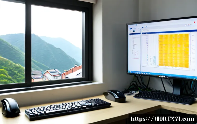 신교동 HARDWARE_INTERRUPT_STORM - Photorealistic remote-support workstation in Singyo-dong, desktop PC with side panel removed, techni...