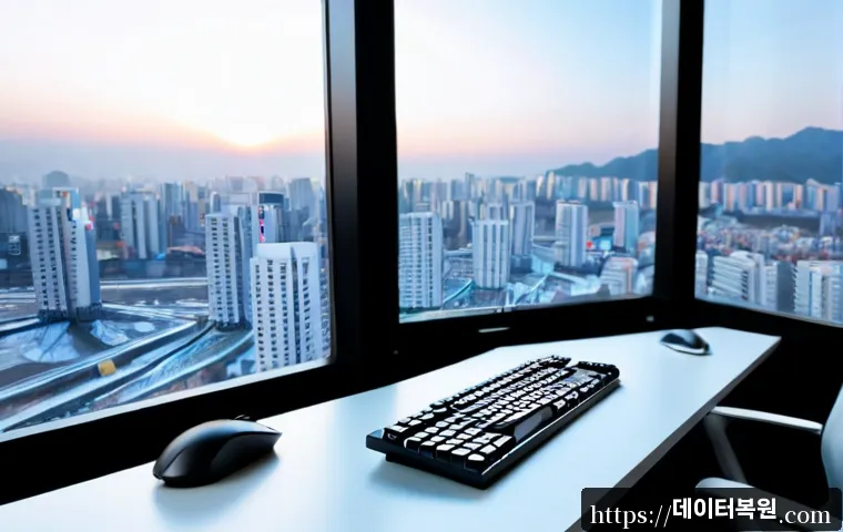 삼성동 STATUS_KERNEL_CONFIGURATION_ERROR - Photorealistic premium workstation in a modern Samseong-dong office tower, dual monitors showing a c...