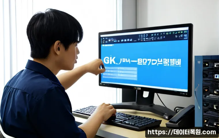 길음동 KERNEL_DATA_INPAGE_ERROR - Photorealistic IT support workstation in a compact Gil-eum neighborhood office, dual monitors showin...