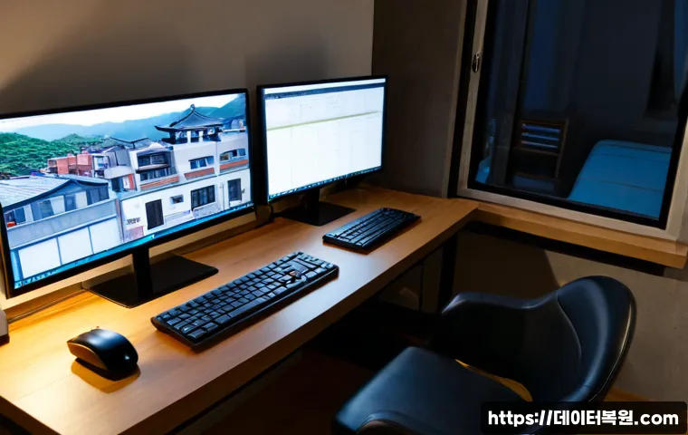 북가좌동 입력신호가 없습니다 - Photorealistic compact home office in Bukgajwa-dong, a dual-monitor workstation with one display dar...