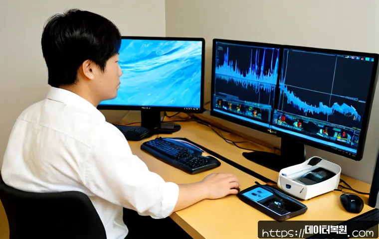 관산동 WIN32K_POWER_WATCHDOG_TIMEOUT - Photorealistic IT support workstation in a modern Gwangsan-dong office, dual monitors showing a froz...