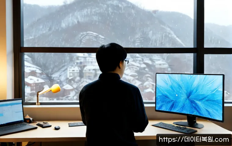 홍은동 WIN32K_LOCK_HELD_TOO_LONG - Photorealistic IT support workstation in a compact Hongeun-dong apartment office, dual monitors show...